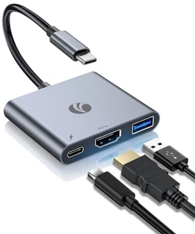VCOM Adaptateur USB-C vers HDMI, adaptateur HDMI 3 en 1 4K @ 60 Hz avec charge PD 100 W et port USB 3.0 5 Gbit/s, hub USB multiport pour MacBook, iPad, iPhone 16 Pro, Samsung S24/23, Chromebook (Gris