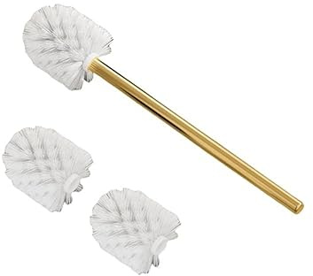 Escobilla de inodoro con mango dorado y tres accesorios de cabeza de cepillo blancos, cepillo de repuesto, adecuado para aplicaciones sanitarias. (dorado)
