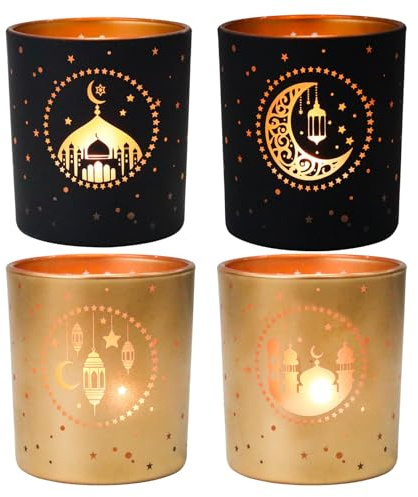 Ramadan Deko Schwarz & Gold 4er-Set, Moderne Zylinder Glas Teelichthalter für Zuhause, Eid Mubarak Tischdeko, Moschee & Sterne Windlicht Kerzenhalter, Elegante Islamische Geschenke