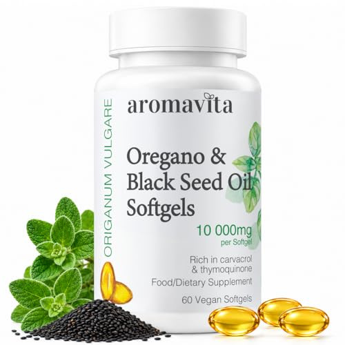 Organic Oregano Oil & Black Seed Oil | Greek Origin | 60 Vegan Softgels | Greek Oregano Oil with Black Seed Oil, 108 mg Carvacrol, Black Cumin Seed Oil 375mg, 7 mg Thymoquinone per Softgel, Vegan