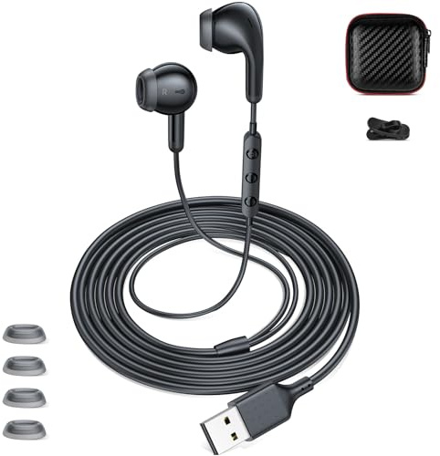 USB A Earbuds with Microphone for PC Laptop, 7.5ft Long Cord Wired Headset Semi In Ear Buds with Eartips Headphones for School Students Home Office Gaming Corded Earphones for Zoom Skype, Black