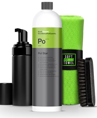 autopflege Textil- Leder- & Alcantarareiniger Set | Koch Chemie Pol Star 1l + Schaumspender + Bürste + Mikrofasertuch | Lederreiniger Polsterreiniger Textilreiniger für Auto & Haushalt
