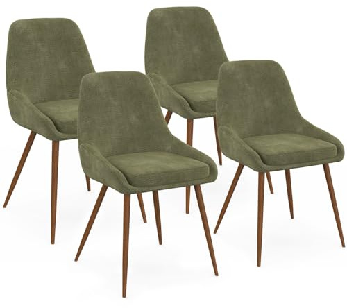 IDMarket - Lot de 4 chaises THALYA en Tissu Chenille Vert et Pieds Effet Noyer avec accoudoirs
