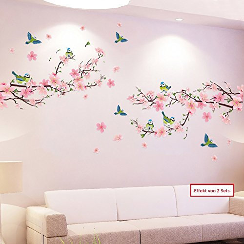WandSticker4U®- XXL Stickers muraux FLEURS de CERISIER rose & OISEAUX (250x150 cm) I Autocollant mural branche arbre cer fleur plante I Déco murale salon chambre fille adulte cuisine couloir GRAND