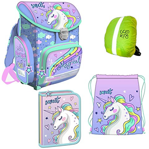 Goldkids 4-teiliges Schulranzenset Ranzen Schulranzen, Federtasche, Turnbeutel, Regenschutz Kinder Bambino Einhorn Grundschule erste Klasse