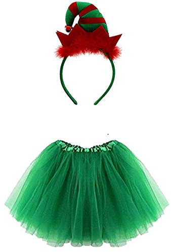 Lizzy® Girls Deluxe Christmas Tutu Costumes | Christmas Party Fancy Dress Stage Dance Skirt Dancewear | Xmas Fancy Dress Costumes (Elf Hat with Green Tutu)
