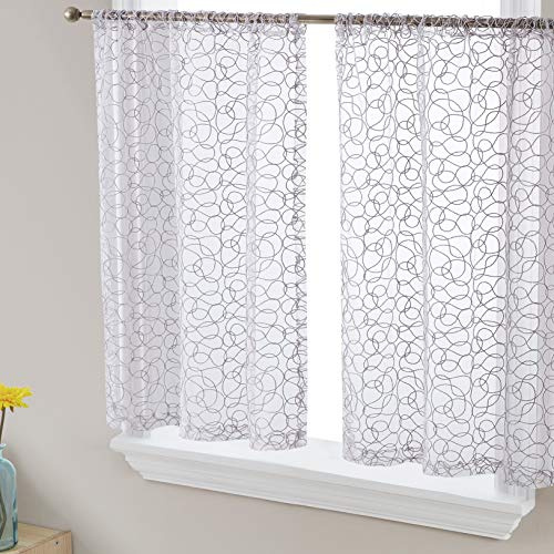 HLC.ME Audrey Embroidered Sheer Voile Window Curtain Short Rod Pocket Tiers for Kitchen, Bedroom, Small Windows and Bathroom (30 x 36 inch Long, Silver Grey)