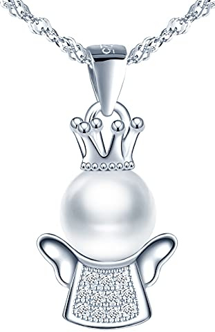 Yumilok 925 Sterling Silber Damen Halskette mit Süßwasser-Zuchtperle und Zirkonia Engel Schutzengel Anhänger Halsketten Halsschmuck für Damen Mädchen