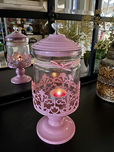 Glass Tea Light Candle Holders Home Décor Lanterns Metal Stand Garden Parties Hallway Patio Living Room Wedding Gift (Mason Jar Pink Stand)