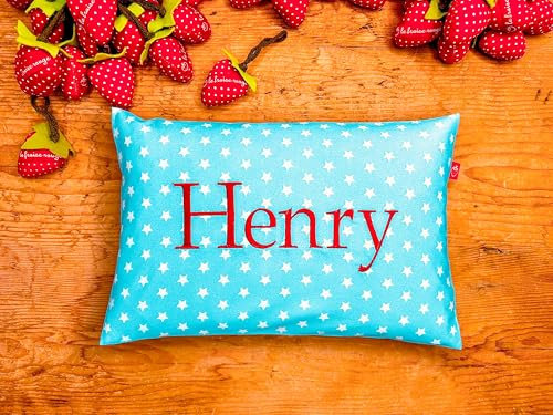 Cojín con nombre para niños, color azul claro con estrellas (regalo de nacimiento: cojín decorativo para habitación infantil) …