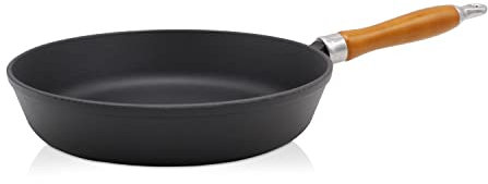 KRÜGER Gusseisenpfanne mit Holzgriff - emailliert - außen u. innen schwarz matt - hohe Hitzebeständigkeit und sehr gute Wärmespeicherung - für alle Herdarten inkl. Induktion geeignet (Rustica, 24 cm)