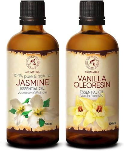 Ätherische Öle Set 2x100ml - Ätherisches Vanille Oleoresin Öl und Jasmin Öl - Jasminöl für Diffusers und Duftlampen - Öle für Seifenherstellung - Vanilleöl für Kerzen und Romantik - Körperpflegeöl