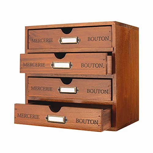 PACKGILO Aufbewahrungsbox aus Holz mit 4 Schubladen, Vintage-Bürobedarf und Zubehör, Briefablage, Holz, Schreibtisch, Schulbedarf, Katalogschrank mit Etiketten, rustikale Schmuckschatulle (braun)