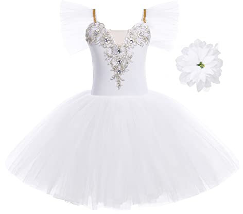 Mädchen Ballettkleid Rüschenärmel Spitze Rock Tütü Balletttrikot + Haarspange Kinder Ballettkleidung Ballettanzug Tanzkleid Tanzbody Skaten Gymnastik Tanzbekleidung Ballerina Kostüm Weiß 9-10 Jahre