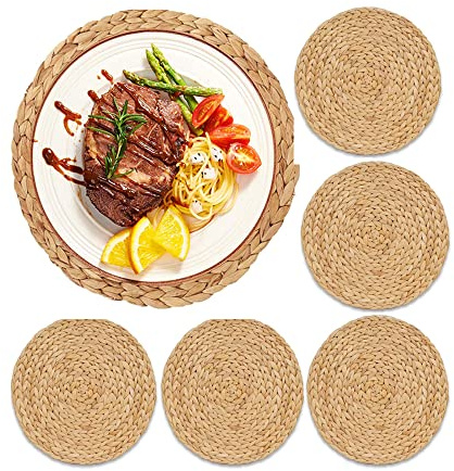 Tiamu Tischsets Abwaschbar 6er Set, Platzsets aus Wasserhyazinthe, Platzsets Rund Untersetzer Ø 30cm, Geflochten Platzdeckchen Teller, Tischschoner, rutschfest Platzteller für Esstisch