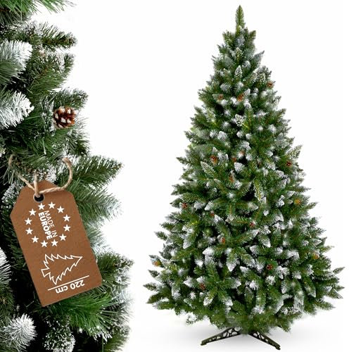 KADAX Sapin de Noël artificiel avec givre et cônes 220 cm, sapin vert avec 521 branches, env. 120 cm, pin en PVC avec support en plastique (renne 220 cm)
