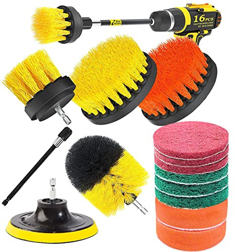 14 Piece Drill Brush Attachment Set, Scrubbing Pads and Sponge, Polishing Pads, Power Scrubber Brush with Extended Long Attachment, Drill Brush Attachment Cleaning Kit