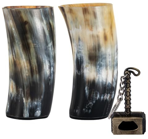 FENRIR Viking Trinkhornbecher, 2er-Set, Ochsenhorn-Kelchgläser, 340 - 368 ml, mit Hammaröffner, cooler, einzigartiger Becher, handgefertigter Kelch, mittelalterlicher Stein für Ale, Met, Whiskey