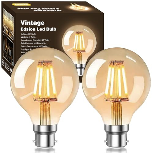 YOUDIAN Vintage Edison Bayonet Light Bulb,4W Energy Saver G80 B22 LED Bulbs | Warm White 2700K,B22 Bayonet Cap Edison Retro Style LED Decorative Light Bulb,220V,Pack of 2