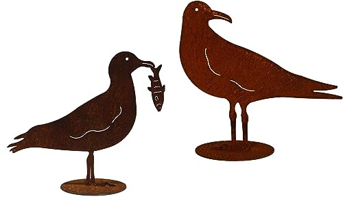 Bornhöft 2er Set Edelrost Dekoration Rost Möwe Maritime Figur für den Außenbereich Dekomöwe auf Bodenplatte rostige Deko Eisen mit Fisch im Schnabel (Möwen Set C)