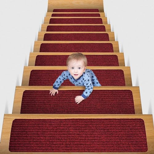 ENEN Tappetini per Scale Interne Copri Scalini Antiscivolo, Tappeto per Scale Gradini Antiscivolo di Sicurezza Tappeti per Scale Autoadesivi Riutilizzabile (15pc,Rosso Scuro)
