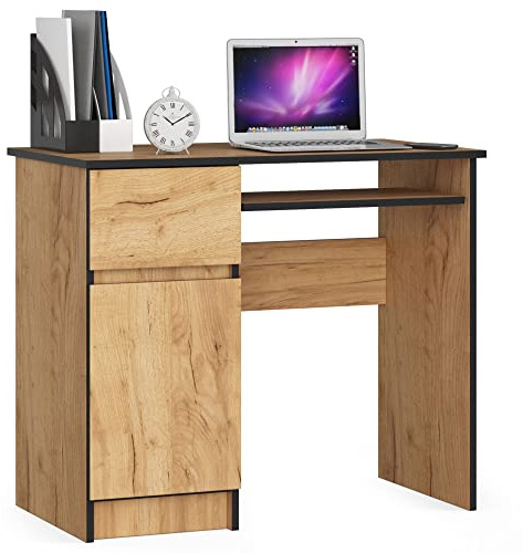 Home Collective Tavolino porta computer tavolo da ufficio con ripiano allungabile per tastiera, piano in laminato con bordo ABS, con 1 cassetto e 1 anta a sinistra, 90 x 50 x 77 cm, rovere