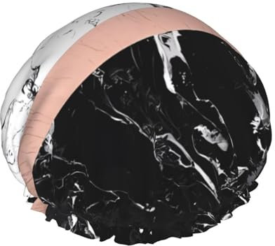 Duschhaube aus schwarzem weißem Marmor, wiederverwendbar, doppellagig, wasserdicht, mit elastischer Kordel für die Hausreinigung, Gesichtspflege, Dusche