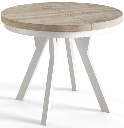 AlpiMeble Esstisch Ausziehbar Evo, Stabile Konstruktion, 80-130cm, Sonoma | Runder Tish, Moderner Wohnzimmertisch und Küchentisch, Weiße Beine