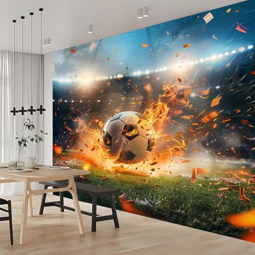 Fototapete 3D Effekt Sport-Fußball-Flammen 300x210 cm Vliestapete Wohnzimmer Schlafzimmer Vlies Tapete Art Wandtapete UV-Beständig Wanddekoration Tapete