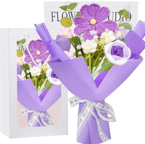 janeunique Gehäkelter Blumenstrauß mit Tulpe & Gänseblümchen, Handgemachte Künstliche Blumen, Allergikerfreundliche Lila Frühlingsdeko & Ästhetische Raumdeko