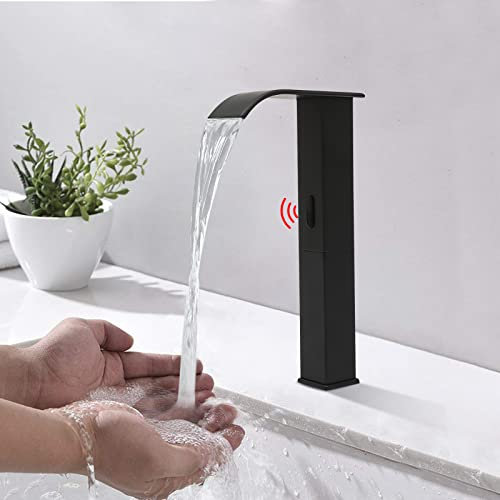 WindWilder Infrarot Sensor Wasserhahn, NPT1/2'' Automatisch Edelstahl Wasserfall Waschtischarmatur mit Sensor für Hotels Küche Badezimmer, Temperaturbereich 0-80°C/32-176℉, Batteriebetrieben, Schwarz