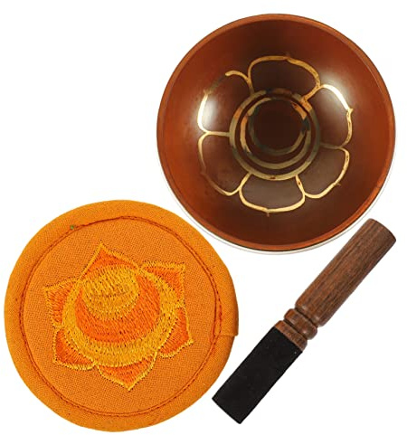 Kupferklangschale für Meditation und Achtsamkeit mit Klöppel | 1 Satz, Orange, Holz und Stoff, mit Unterlage und Zubehör für Entspannung