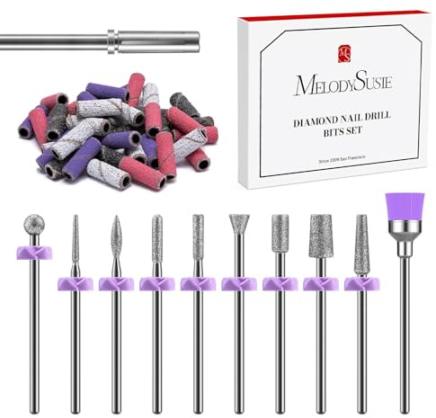 MelodySusie 10Pcs Diamond Sanding Nail Drill Bits Set with 40pcs Small Sanding Bands (#120#180#240 Grits) and 3.1mm Mandrel Bit, Gel Nail Polish Remover Tool for Acrylic Manicure Nail Prep