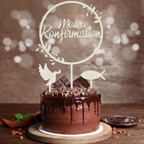 WEINIBAO 3 Stück Cake Topper Taufe, Kommunion Torten Topper Holz, Taufe Tortendeko Konfirmation Kuchendeko, Kuchen Deko Taube Fisch Tortendekoration Firmung, Kuchen Topper Taufe für Junge Mädchen