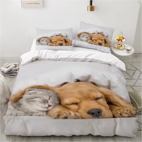 Gezu Katze Bettwäsche 135x200cm 3D Haustier Wendebettwäsche Hund 2 teilig Flauschige Weich Hund Mikrofaser Bettwäsche Jugendliche Mädchen Jungen Einzelbett mit Reißverschluss und 1 Kissenbezug 80x80