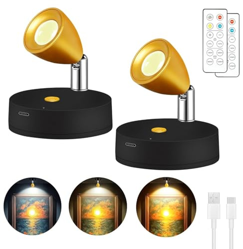Battery LED Spotlights, 2 Pack Wireless Indoor Lights for Picture, 3 Colour Spotlights with Remote Control and Timer, 100 Lumen Mini Ambient Lights for Picture Artwork Painting Statue(Black)