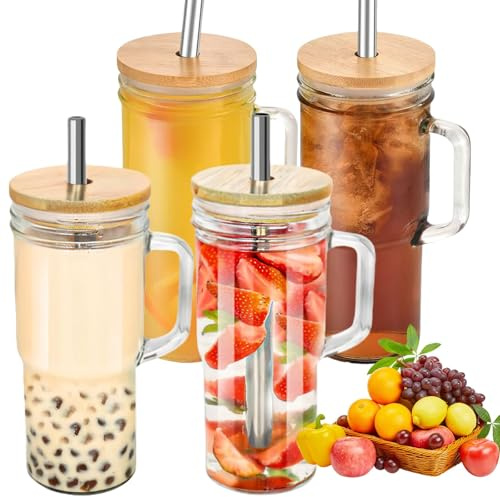 Glass Cups 4Pcs Glass Tumbler with Handle Reusable Wide Mouth Drinking Glasses Bottle Iced Coffee Cup Bubble Tea Mug with Lid & Stainless Steel Straws & Brushes, for Smoothie Cocktail Whiskey Milk (4)