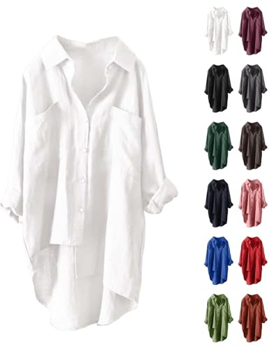 Leinenbluse Damen Lang Sommer Leinenhemd Knopfleiste Hemd Casual Lose Musselin Bluse Große Größen Leinen Shirt Longbluse Blusenshirt Oberteile Tunika Tops Sommerblusen Leicht Und Luftig