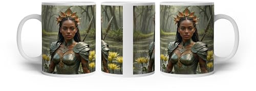 deyoli Motivetasse Kriegerin des Waldes, erhoben im Sumpf voller Seerosen. 300ml, aus weißem Keramik/Kaffetasse/Geschenkidee