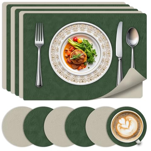 Juego de 6 Salvamanteles y Posavasos - Salvamanteles Lavables Resistentes al Calor, Diseño de Cuero de Doble Cara Antideslizante para Cocina, Hogar, Restaurante | Alfombrillas lavables de doble cara para mesa de comedor, parte trasera antideslizante para cocina, comedor