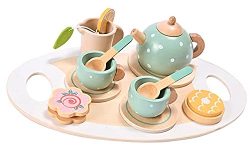 CVUTOVO Wooden Tea Set for Toddlers Creative Pretend Play Tea Ware Play Food Accessories for Afternoon Parties and Role Activities