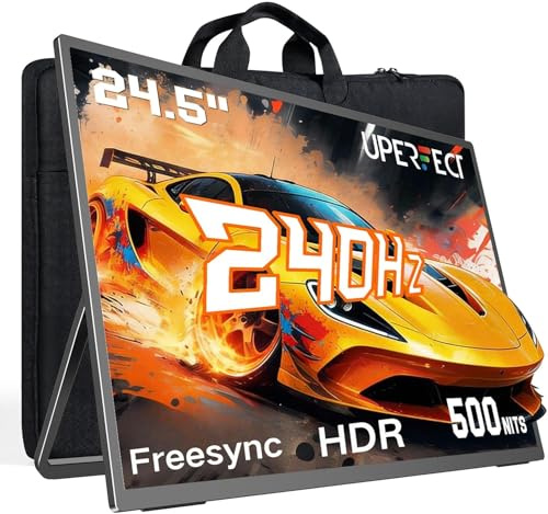 UPERFECT Monitor Portátil Gaming 240Hz, 24.5 0.1ms FreeSync 500Nits | 100%sRGB 2000:1 Contraste con VESA y Base, Gran Pantalla Secundaria de Viaje para Laptop, PC y Consolas de Videojuegos