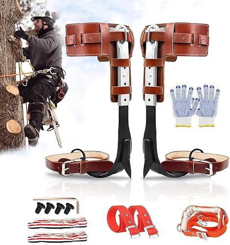 Upgrade Leather Tree Climbing Spikes Set, Adjustable Tree Climbing Gear Pole Climbing Spurs Tool with Harness Belt Scissors & Saw for Climbing Trees, Picking Fruit, Logging