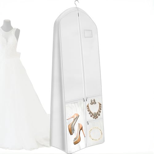 Voyboced 72 Long Wedding Dress Garment Bag with 10 Gusset, Bridal Gown Storage Cover with 4 Pockets, Dress Bag for Women Gowns,Prom,Ballgowns,White