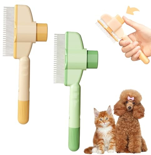 Lot de 2 Brosse Chat Auto-Nettoyante, Peigne de Toilettage pour Chat avec Bouton D'épilation, Brosse de Toilettage Efficace pour Animaux Enlever les Poils Morts, Vert et Jaune
