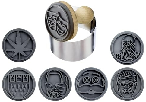 Westmark Timbri per biscotti Colonia – Timbri per biscotti con 7 diversi motivi, teste in silicone, un timbro in legno e un anello tagliapasta in acciaio inossidabile – Ø 6,5 cm