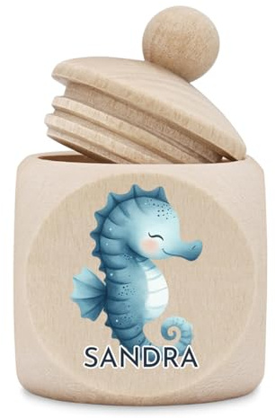 polar-effekt Zahndose aus Holz personalisiert mit Seepferd-Motiv bedruckt - Geschenk-Idee für Junge & Mädchen - Taufgeschenk für Kinder - nachhaltig gefertigt