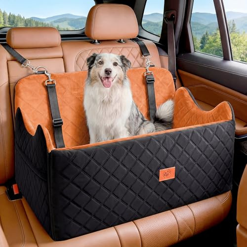 YITAHOME Hundesitz für große und mittelgroße Hunde,Reisebettb Haustiere mit Memory Schaumstoff unter 55 lbs Sitzhöhe 4,3,Zwei seitliche Aufbewahrungstaschen, rutschfestes, 2 Sicherheitsgurte(Orange)