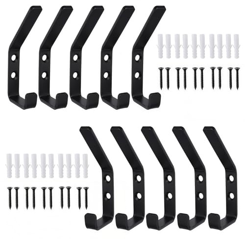 Kisizity 10 Stück Garderobenhaken Schwarz Metall Haken für Akustikpaneele | Doppelhaken | kaltgewalztes Stahlmaterial | 3mm dick | Wandhaken für Schlafzimmer Küche Badezimmer Wandpaneele Kleiderhaken