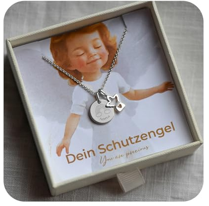 Schutzengel Kette für Mädchen personalisiert mit Gravur Symbol & Namen | Silber 925, Kinder Baby Halskette mit Engel-Anhänger, Taufkette Geschenk zur Taufe Kommunion Einschulung Geburt Patenkind